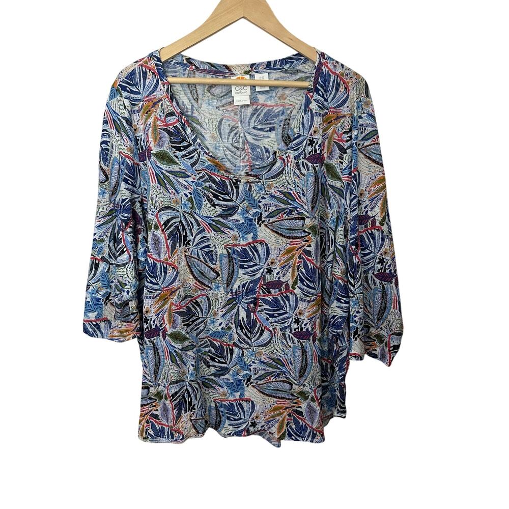 C&C California Top Women 2X Blue‎ 100% Linen Floral Coastal Tropical Blue V Neck